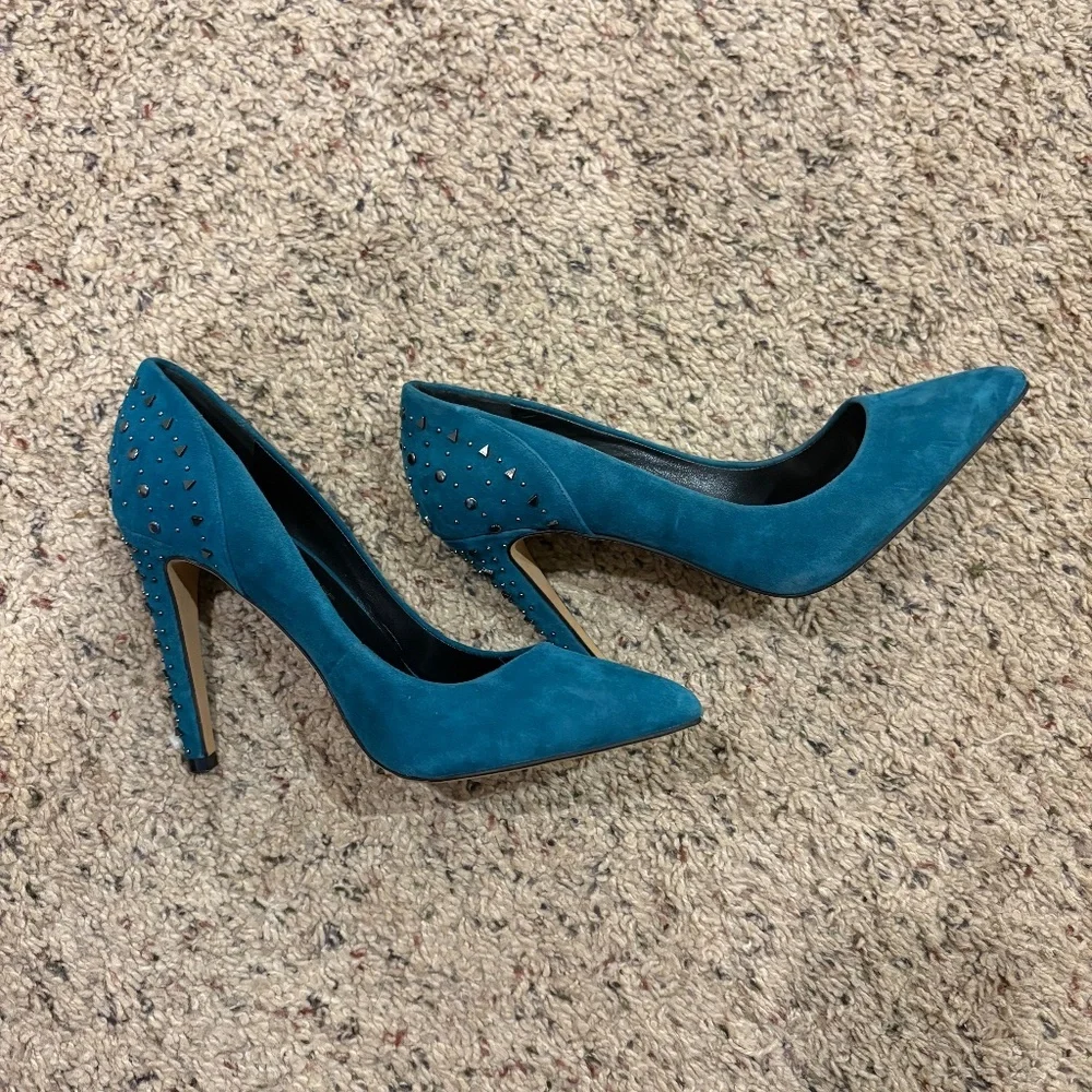 Rebecca Minkoff Heels 8.5 Teal Blue Suede High Heels - Picture 7 of 8